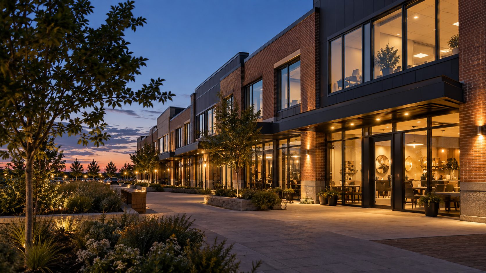 Mixed-use retail building at blue hour
