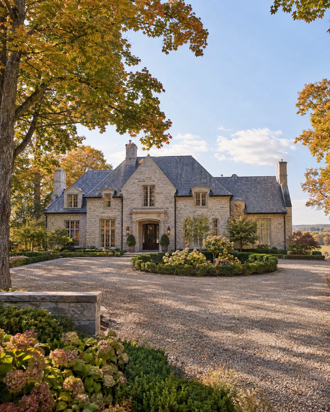 Stone estate home with a circular drive