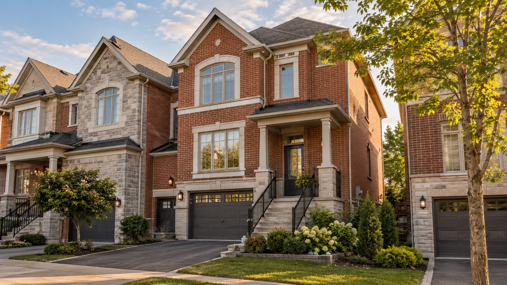 Stone-front family home in late light